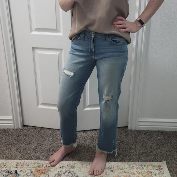 Flying Monkey Distressed Raw Hem Mid-Rise Light Medium Wash Straight Leg Jeans - Picture 9 of 11